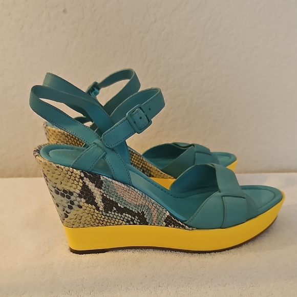 Cole Haan Nike Air Teal and Yellow  Sandals 9B Turquoise & Yellow Snake Wedge - Picture 8 of 16